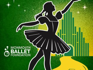 dorothy ballerina posing along yellow brick road with emerald city background