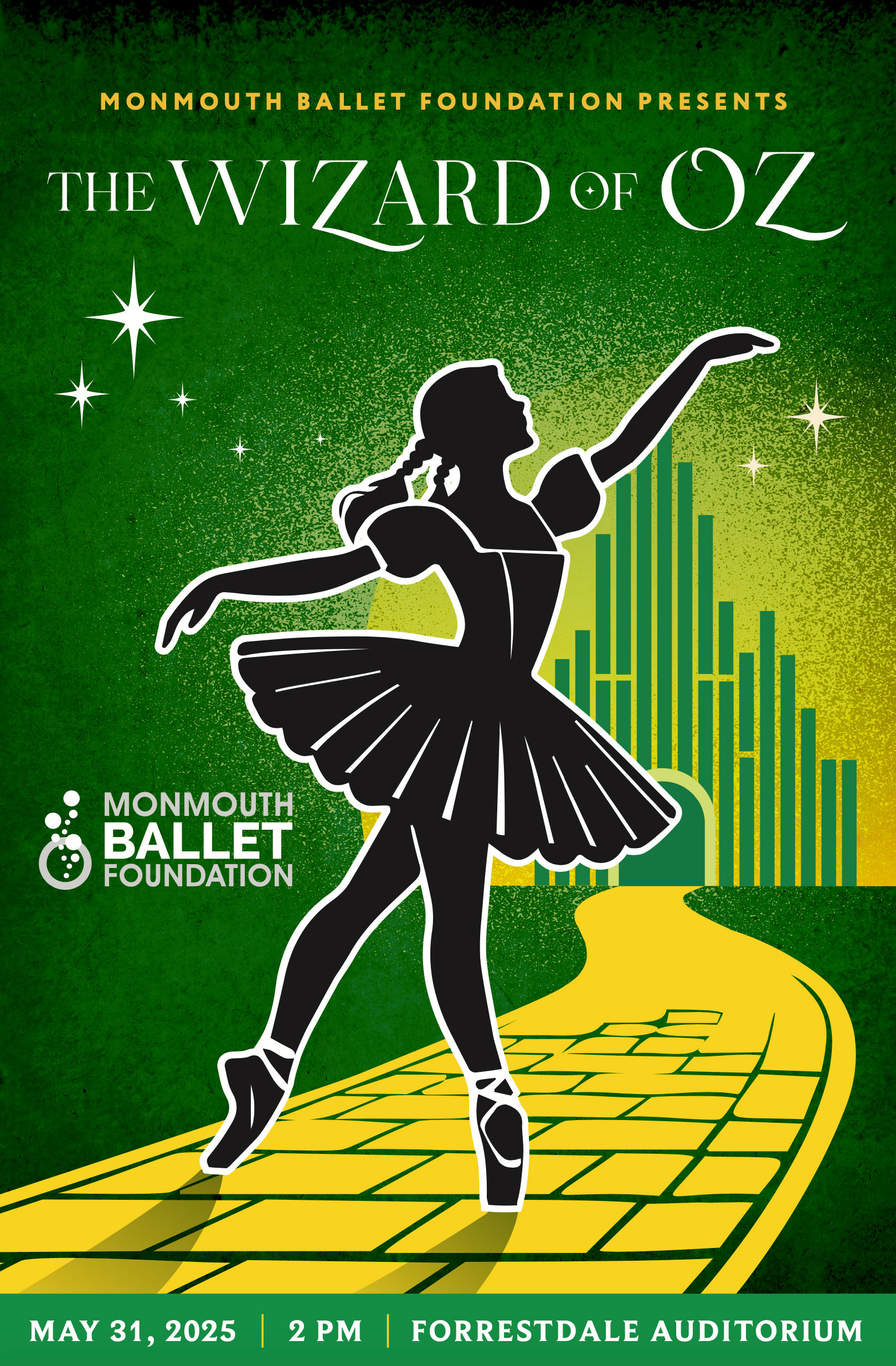 dorothy ballerina posing along yellow brick road with emerald city background